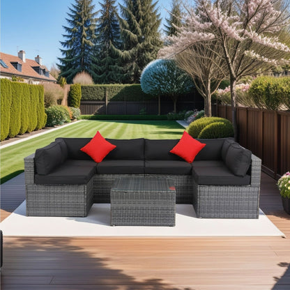 5 Pieces Rattan Sectional Outdoor Furniture Cushioned U Sof Set With 2 Pillow - Gray / Black Home Essentials