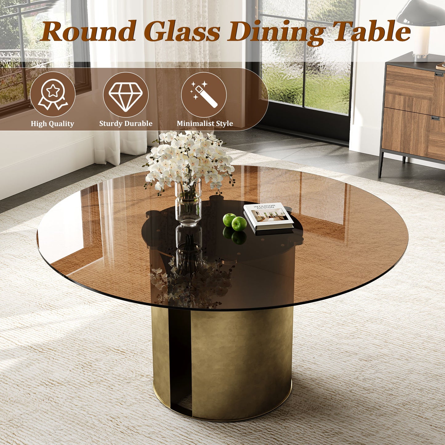 Round Dining Table With Glass Top, Kitchen And Living Room Furniture - Brown Home Essentials
