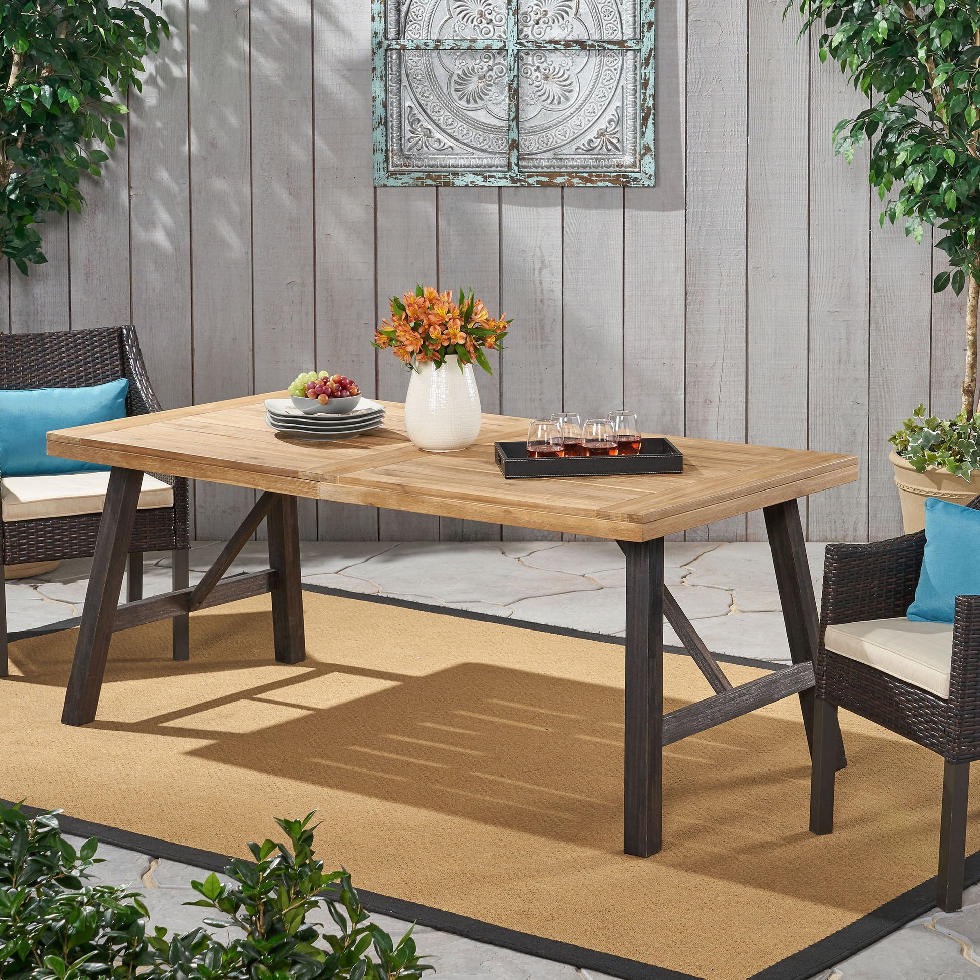Outdoor Weather Resistant Dining Table With Slat Panel Design - Natural / Gray Noble House
