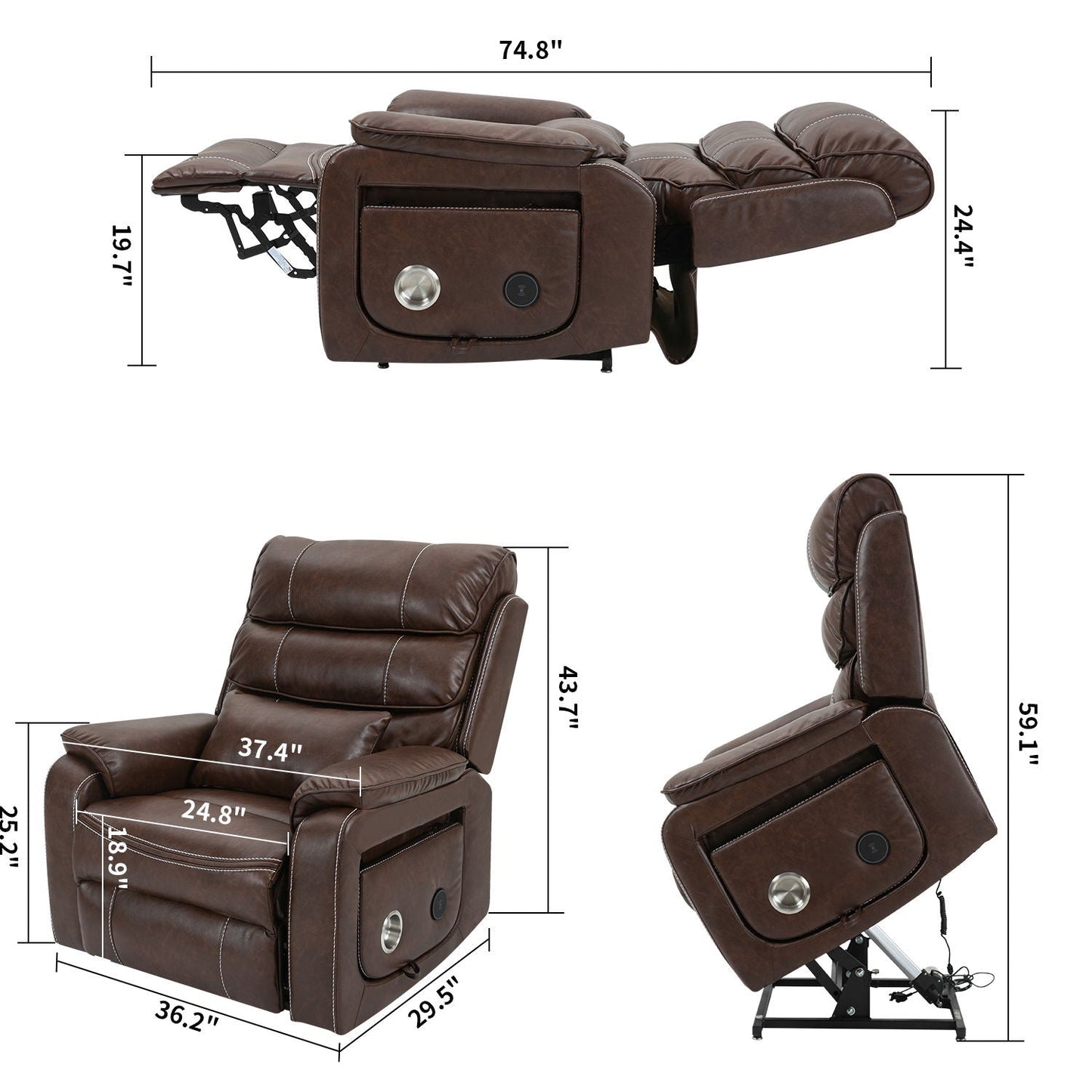 180 Degree Recliner Chair With Wireless Charging, Lumbar Support, And Dual Motor Lift - Brown Home Essentials