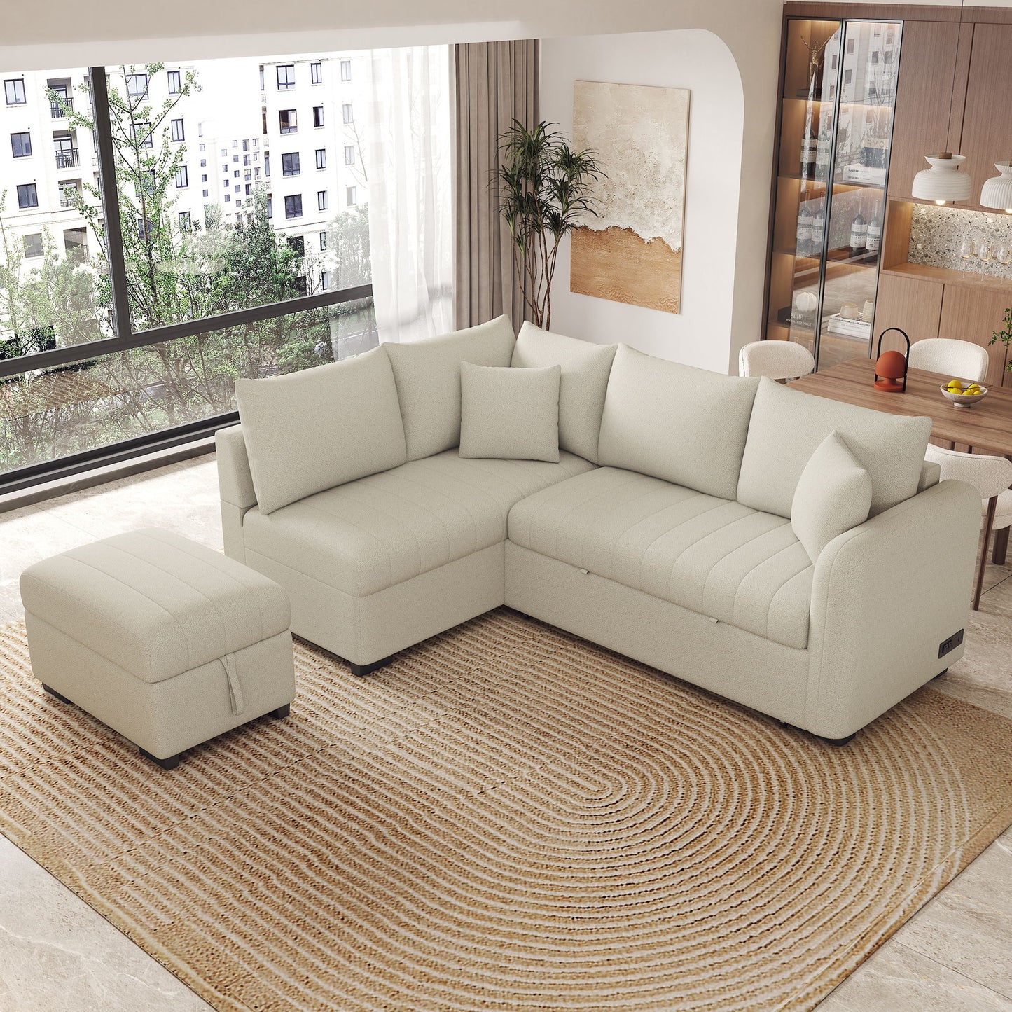 L-Shaped Sectional Pull Out Sofa Bed Sleeper Sofa With Two USB Ports, Two Power Sockets And A Movable Storage Ottoman Hearth and Haven