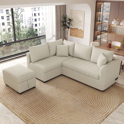 L-Shaped Sectional Pull Out Sofa Bed Sleeper Sofa With Two USB Ports, Two Power Sockets And A Movable Storage Ottoman Hearth and Haven
