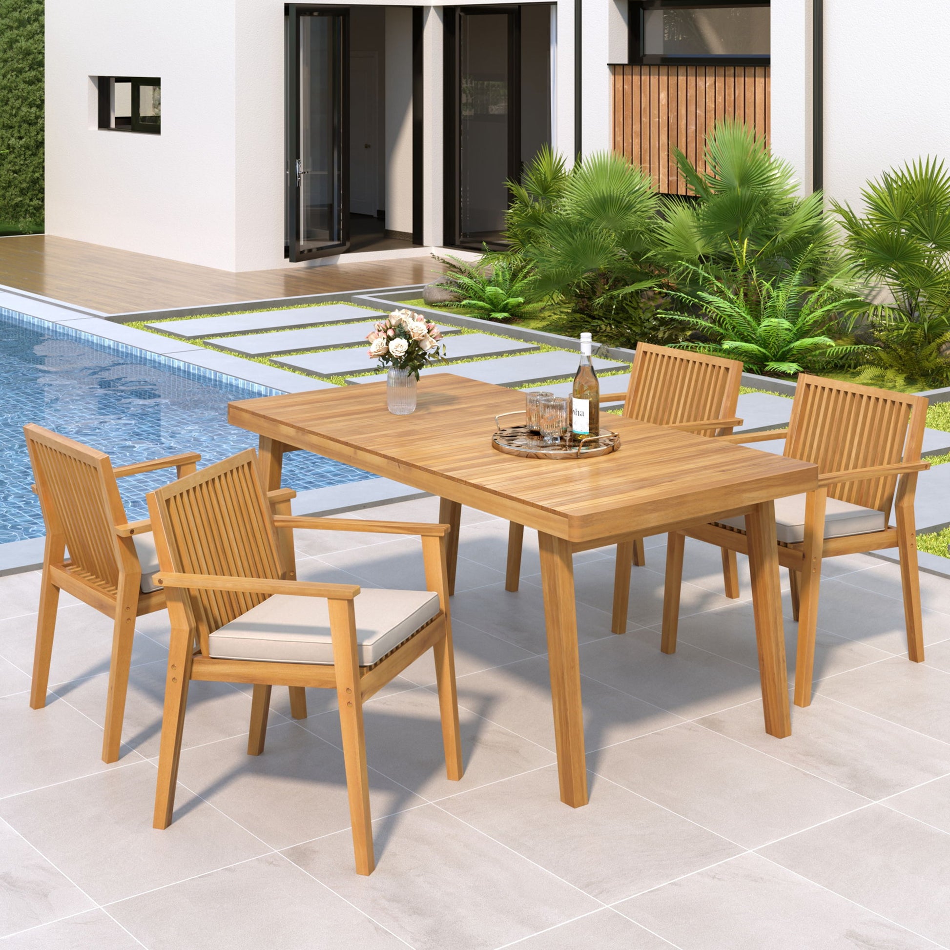 5 Piece Patio Furniture Set Acacia Wood Table And 4 Heavy Duty Cushioned Chairs Noble House