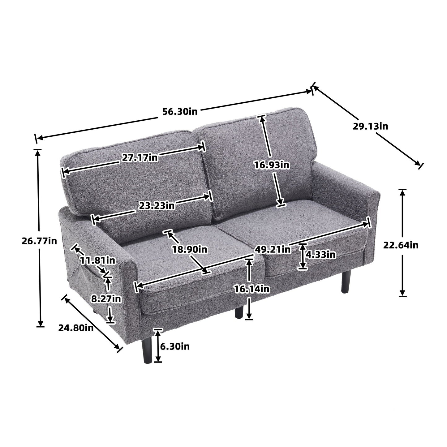 Mid Century Modern Loveseat Sofa With USB Ports, Removable Pillow Cover Home Essentials