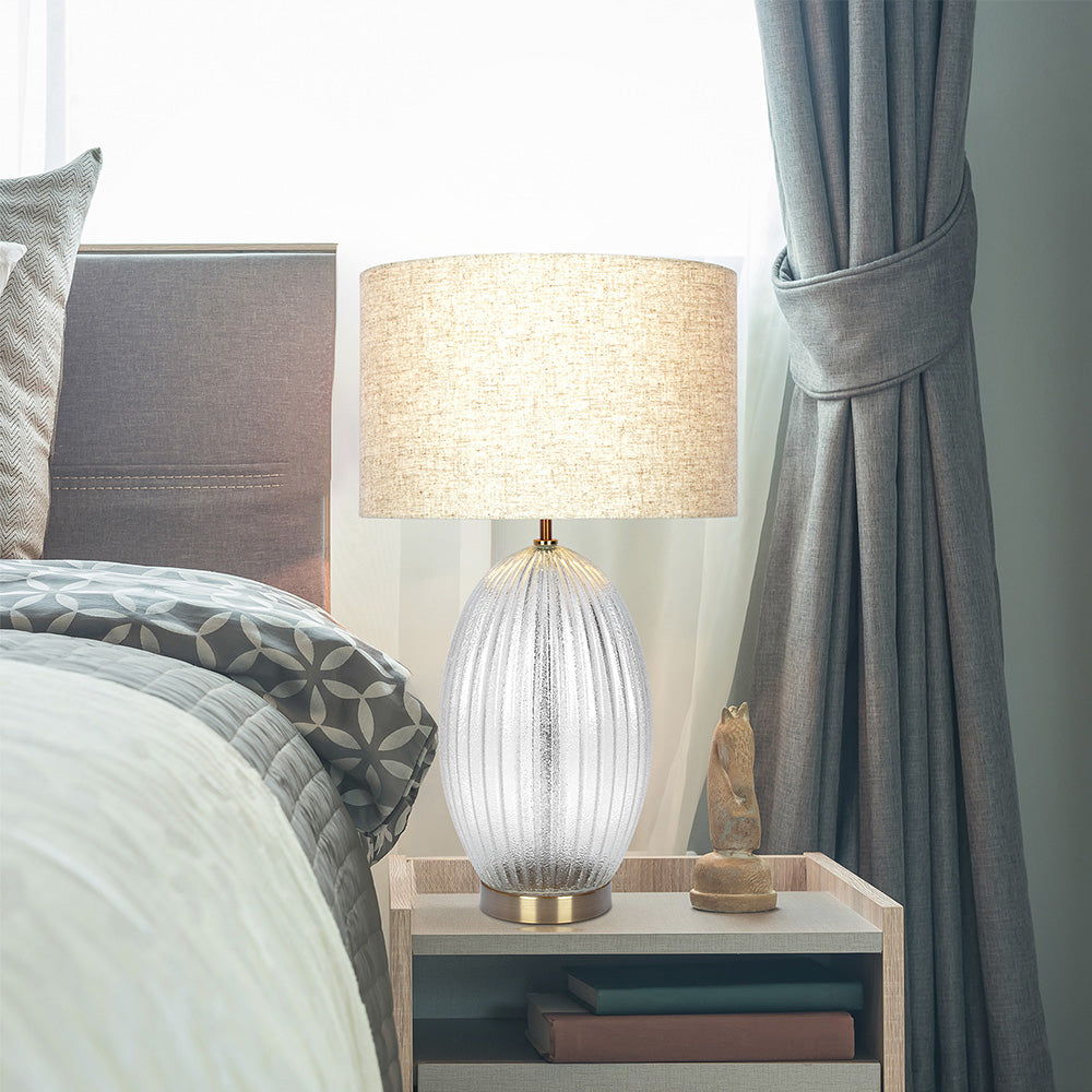 Aurora - Ribbed Lamp Base Clear Table Lamp Large Linen Shade - Beige / Clear / Gold Ashcroft Furniture