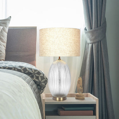 Aurora - Ribbed Lamp Base Clear Table Lamp Large Linen Shade - Beige / Clear / Gold Ashcroft Furniture