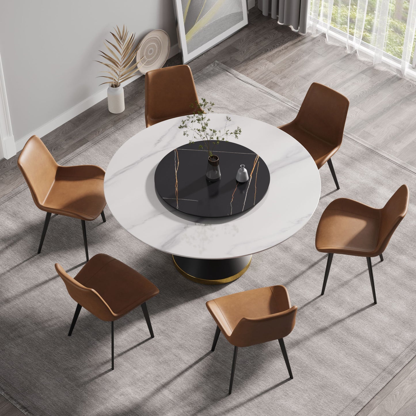 Modern Artificial Stone Round Carbon Steel Base Dining Table, Artificial Stone Turntable Home Essentials