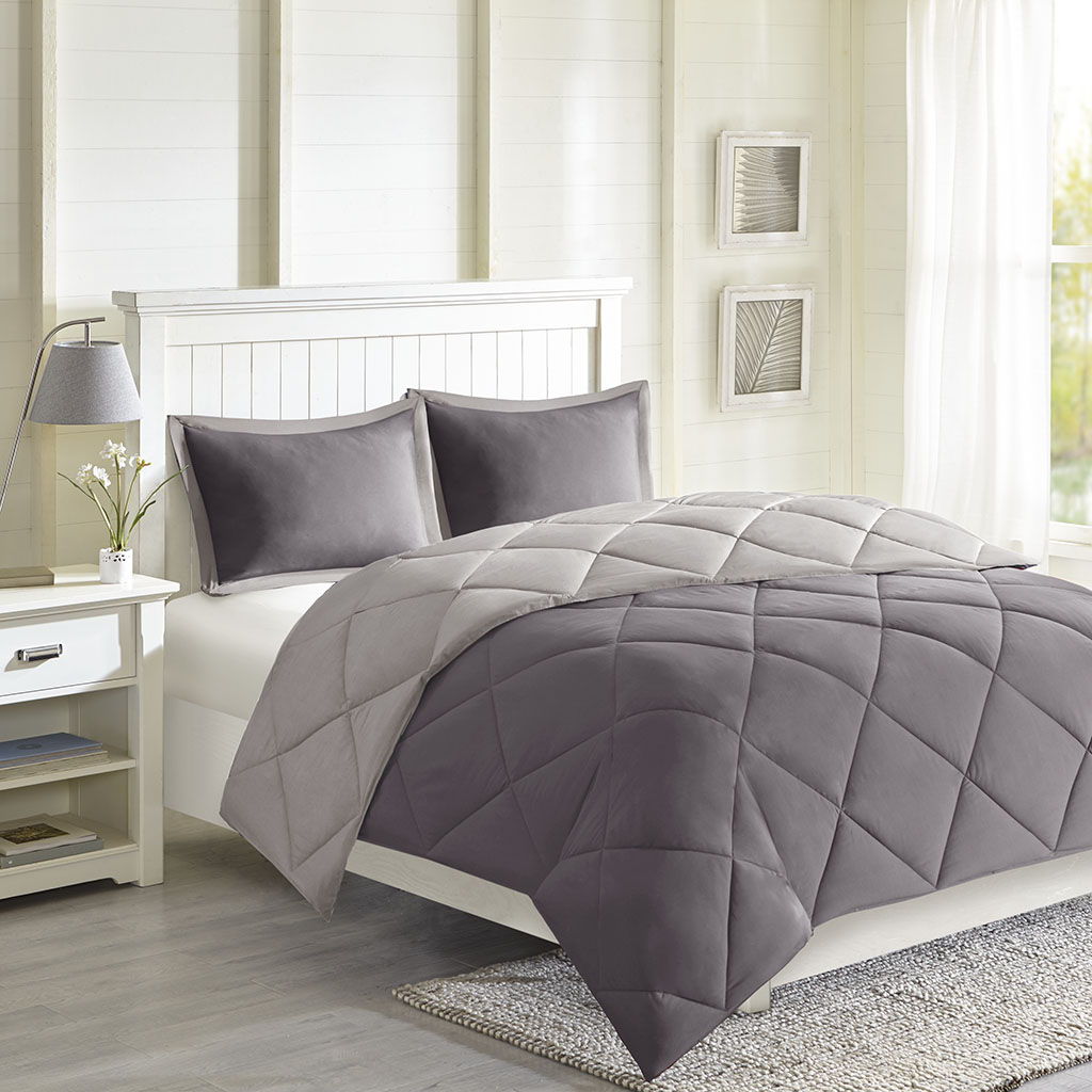 Larkspur - Twin 3M Scotchgard Diamond Quilting Reversible Down Alternative Comforter Set - Charcoal / Gray Madison Park Essentials