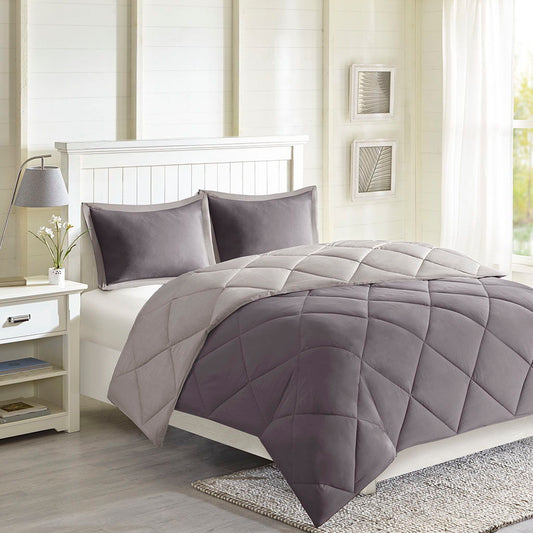 Larkspur - 3M Scotchgard Diamond Quilting Reversible Down Alternative Comforter Set - Charcoal / Gray Madison Park Essentials