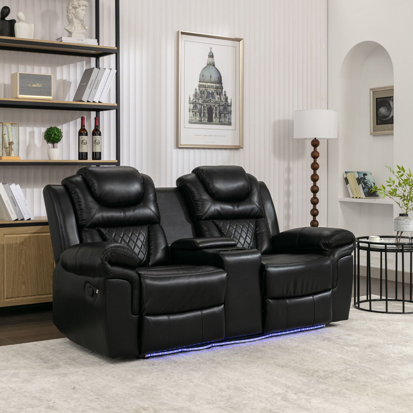 Home Theater Seating Manual Recliner Loveseat With Hide-Away Storage, Cup Holders And Led Light Strip For Living Room Hearth and Haven
