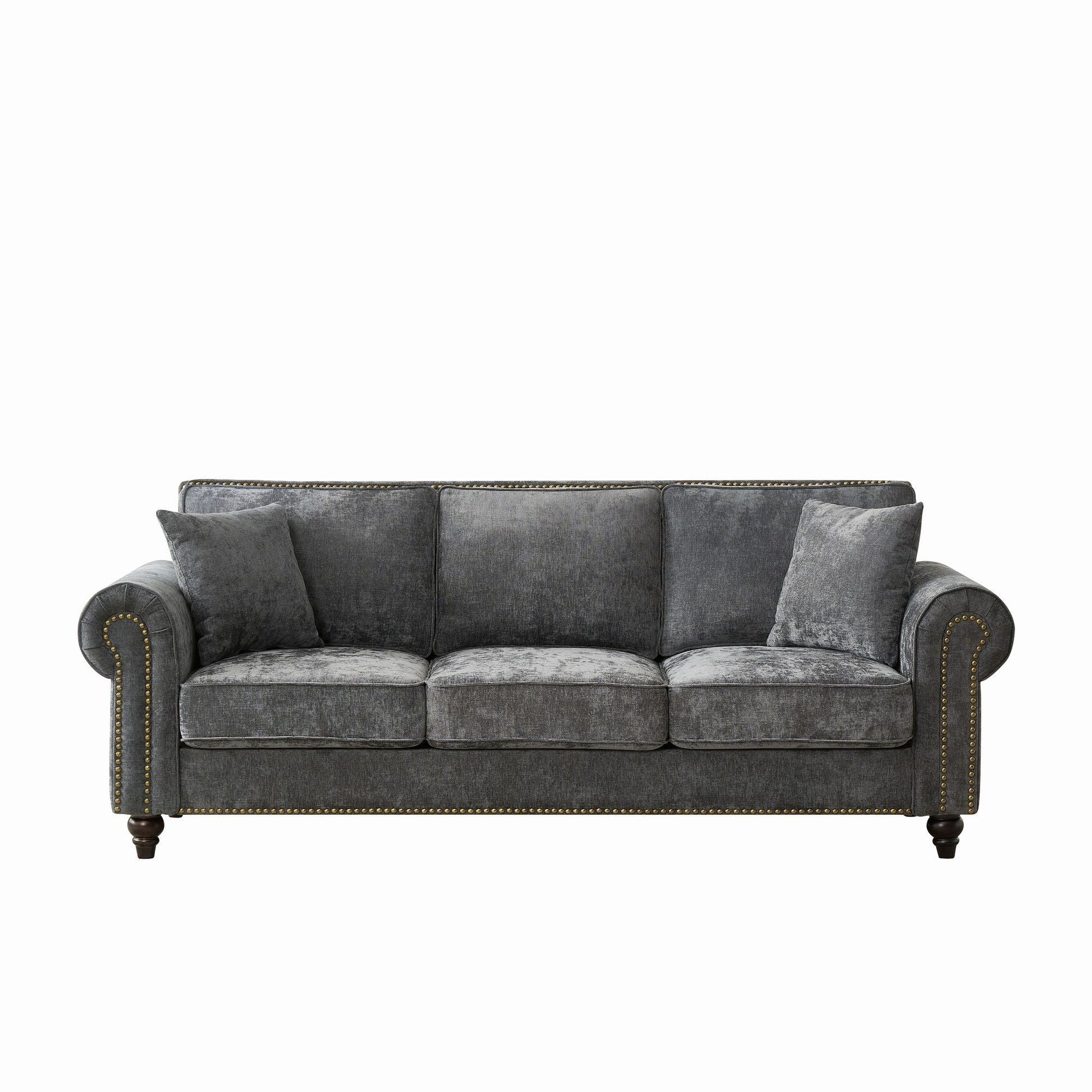 3 Seater Sofa With Tufted Upholstery, Rolled Arms, Nailhead Trim Home Essentials
