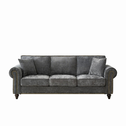 3 Seater Sofa With Tufted Upholstery, Rolled Arms, Nailhead Trim Home Essentials