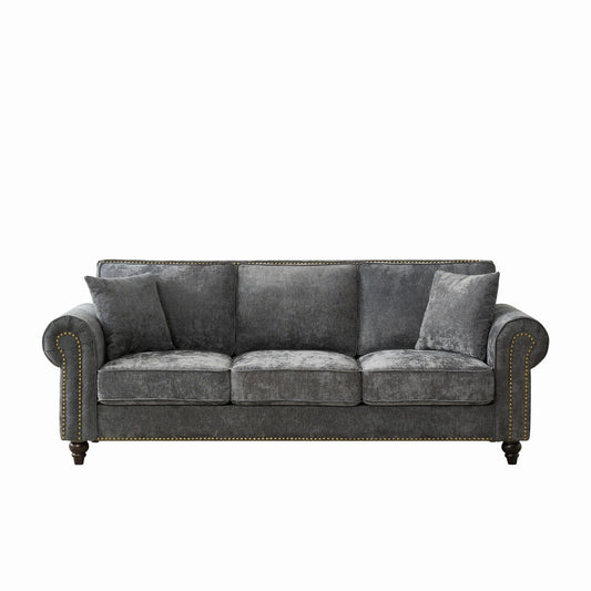 3 Seater Sofa With Tufted Upholstery, Rolled Arms, Nailhead Trim Home Essentials