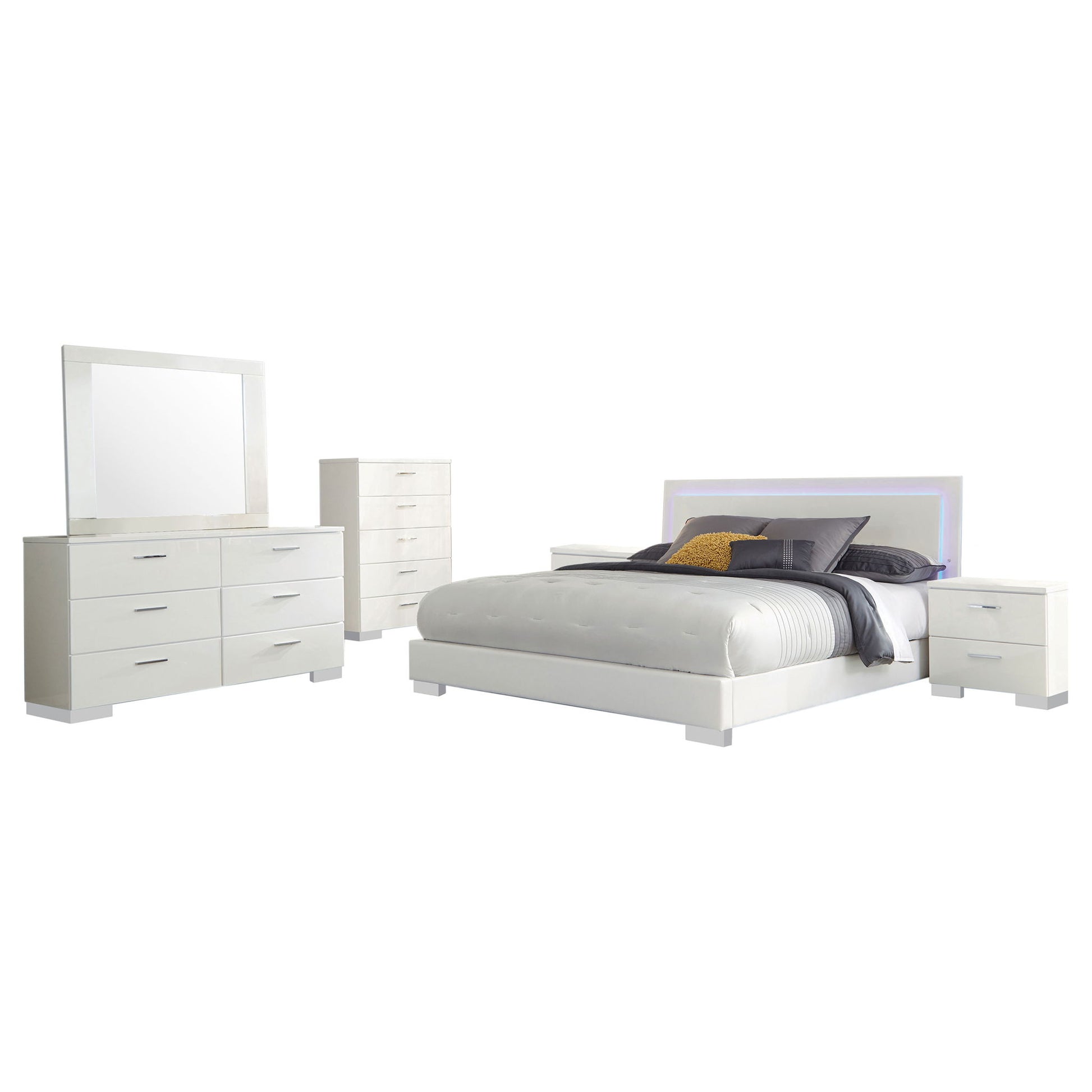 August - 6 Piece Queen Panel Bedroom Set With LED Lighting - White Furniture Max