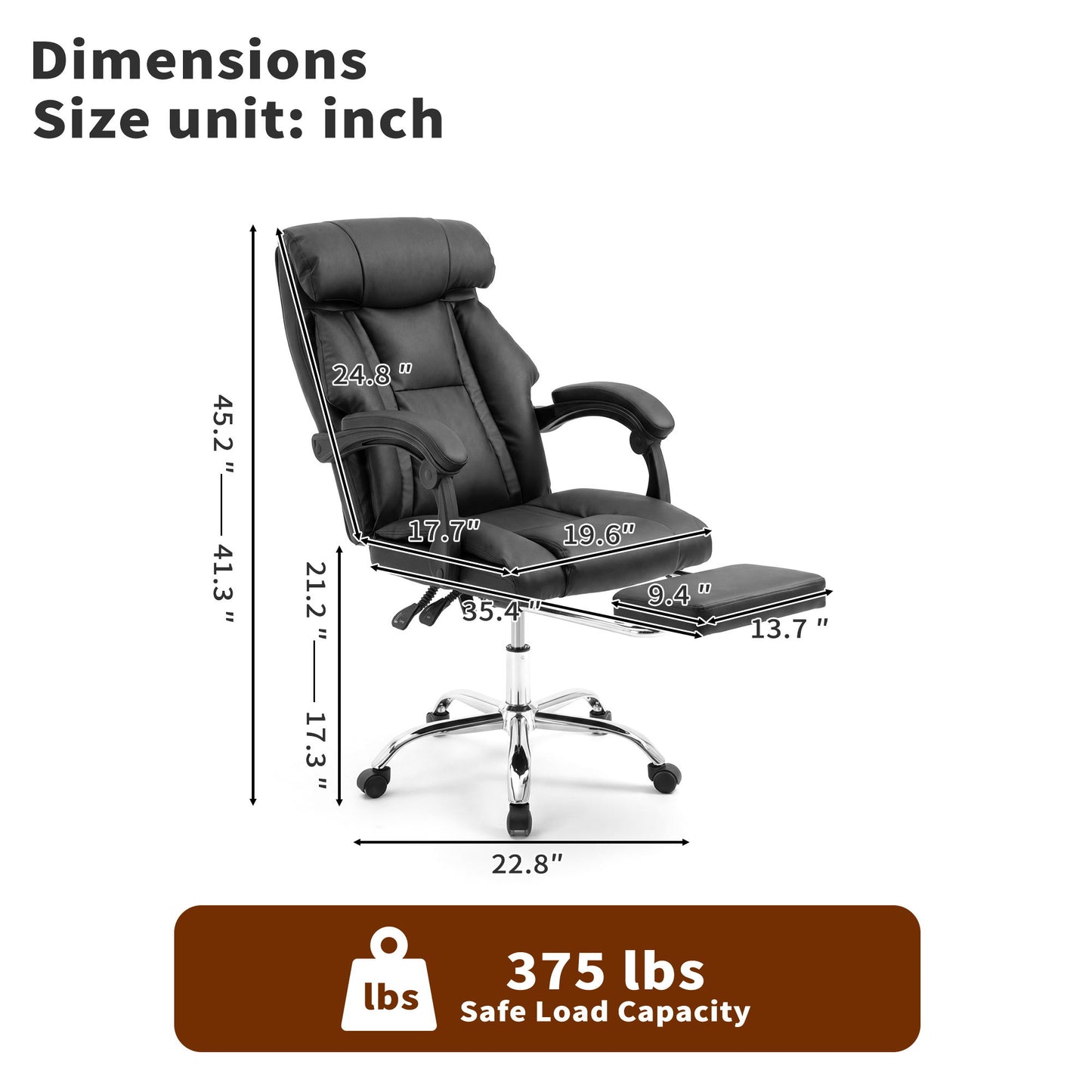 Executive Office Chair With Foot Rest, Adjustable Height - Black Home Essentials