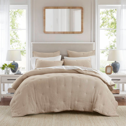 Breeze - King Cotton Gauze Embroidered Quilt Set - Taupe Harbor House Blue