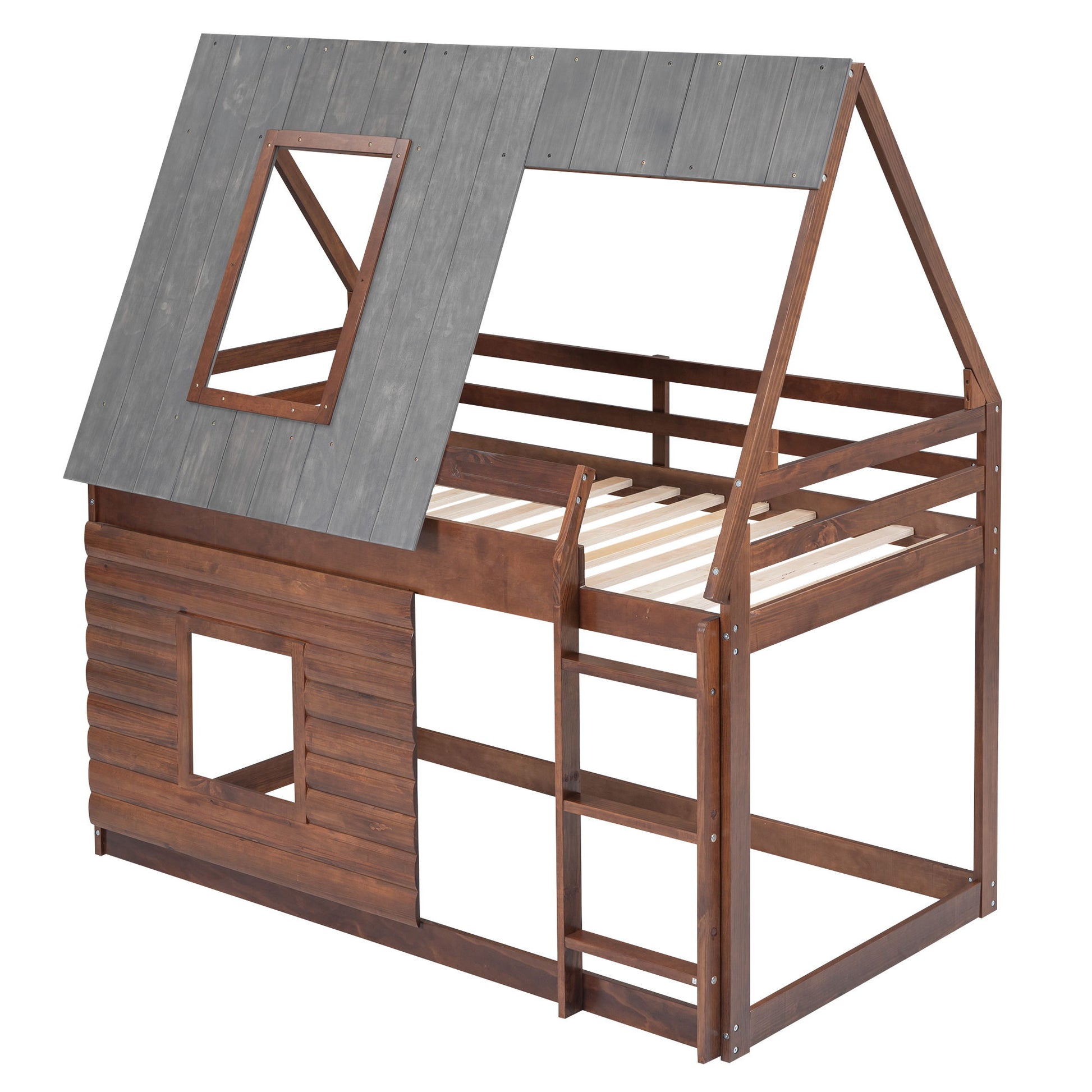 Wood Twin Size House Bunk Bed With Roof, Ladder And 2 Windows - Oak & Smoky Gray Hearth and Haven