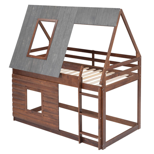 Wood Twin Size House Bunk Bed With Roof, Ladder And 2 Windows - Oak & Smoky Gray Hearth and Haven