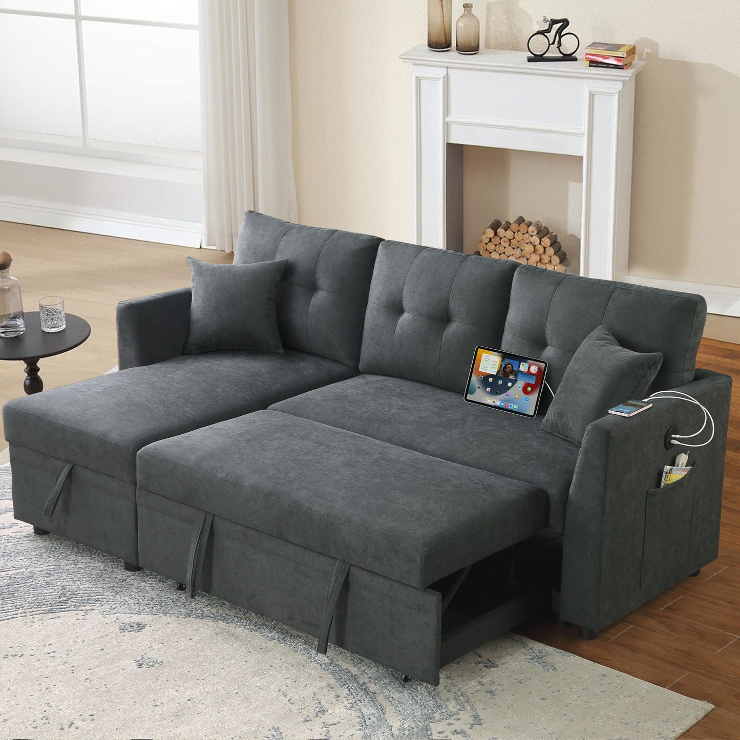 Sectional Sofa Bed L Shaped Sofa Couch Bed With USB Port, Reversible Chaise With Storage Home Essentials