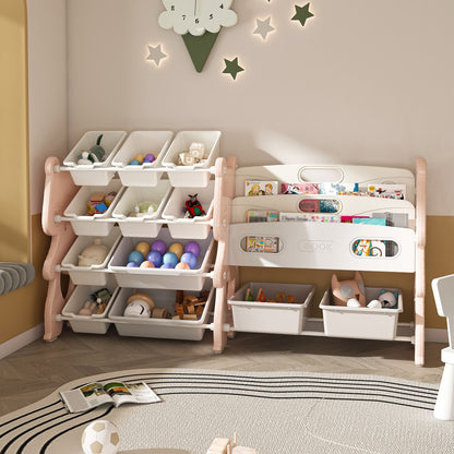 Kids Toy Storage Organizer With 2 Tier Bookshelf, Toy Storage With 12 Bins Home Essentials