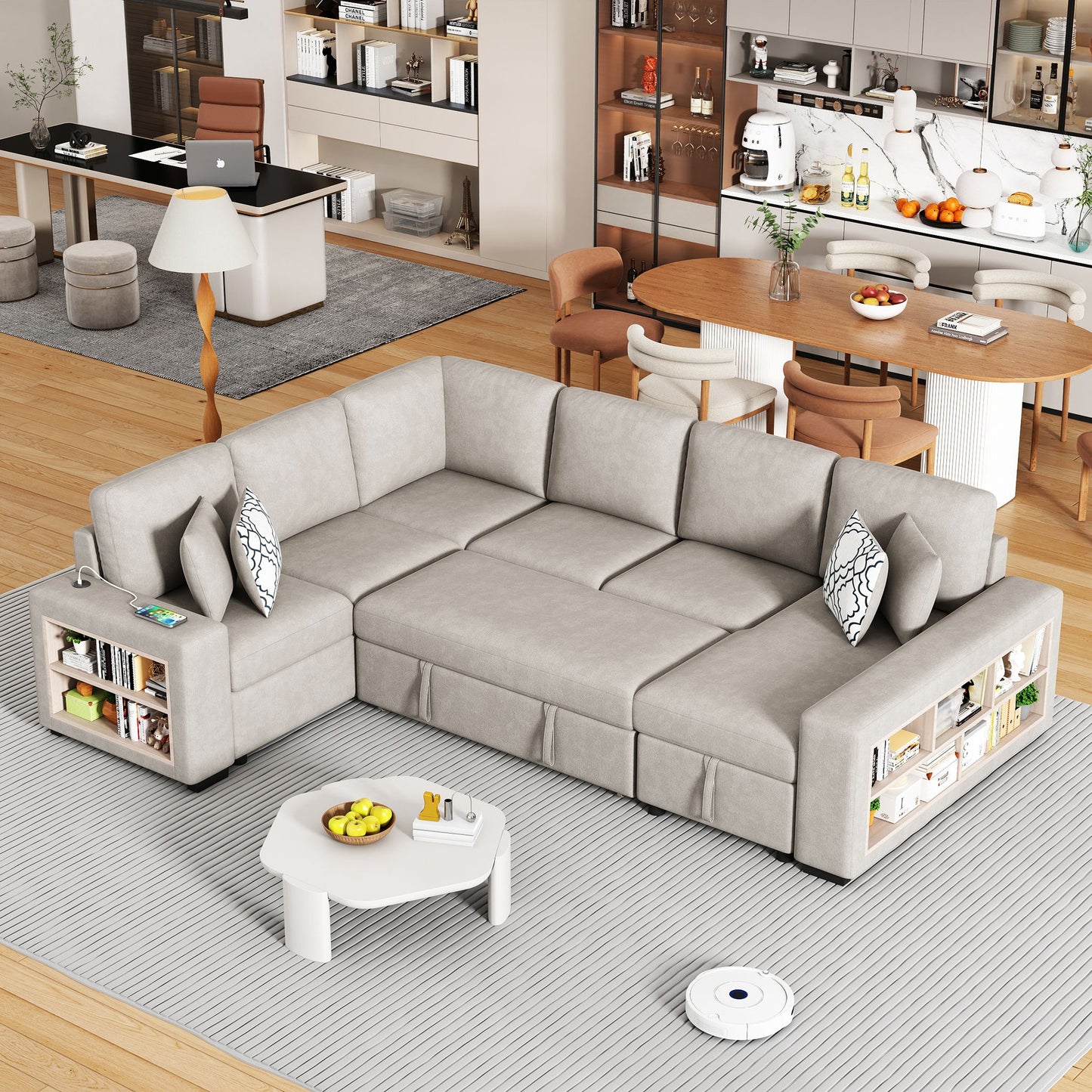 U-Shaped Sectional Sofa Pull-Out Sofa Bed With Two USB Ports, A Storage Chaise Lounge And Four Back Pillows For Living Room Hearth and Haven