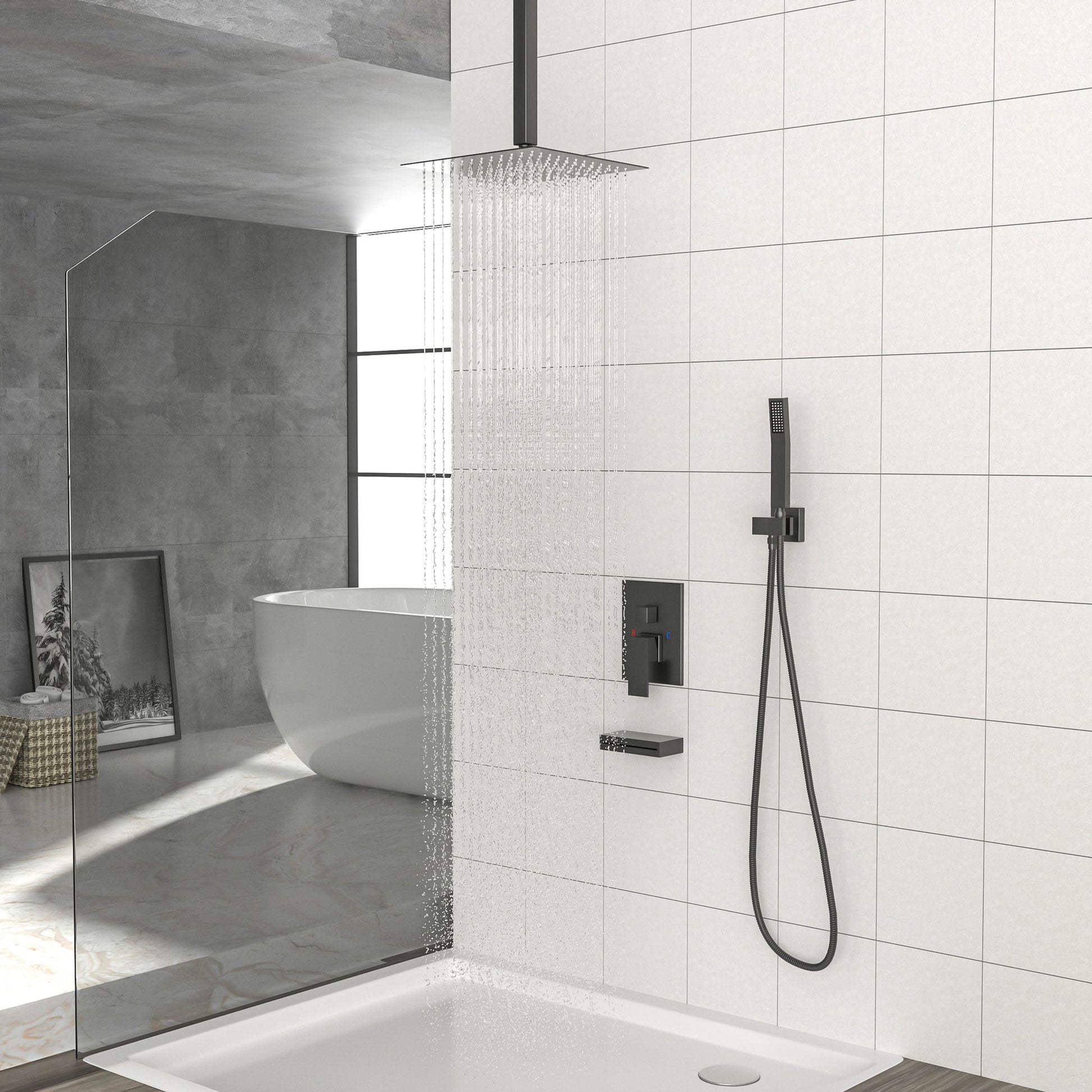 12" Ceiling Mount Shower System With Waterfall Tub Spout And Rough In Valve - Matte Black Daily Nest