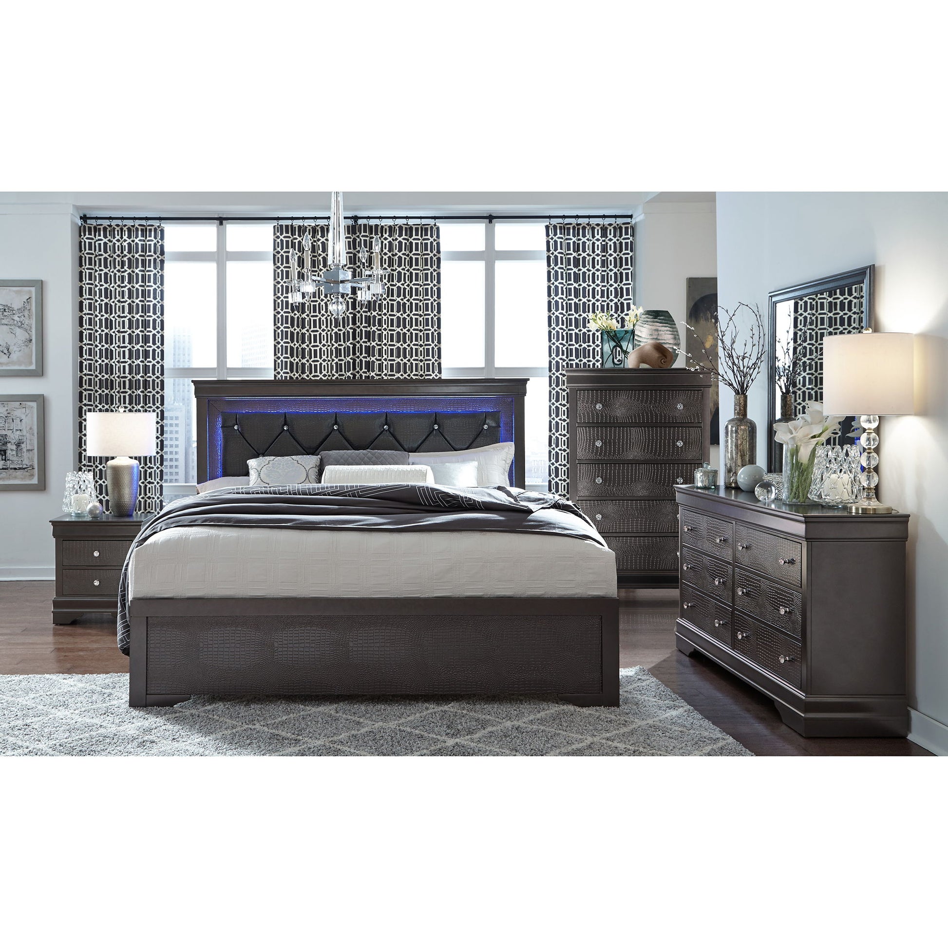 Shaker - 5 Pieces Bedroom Set With Crystal Inspired Tufted Headboard And LED Lighting Global Furniture USA