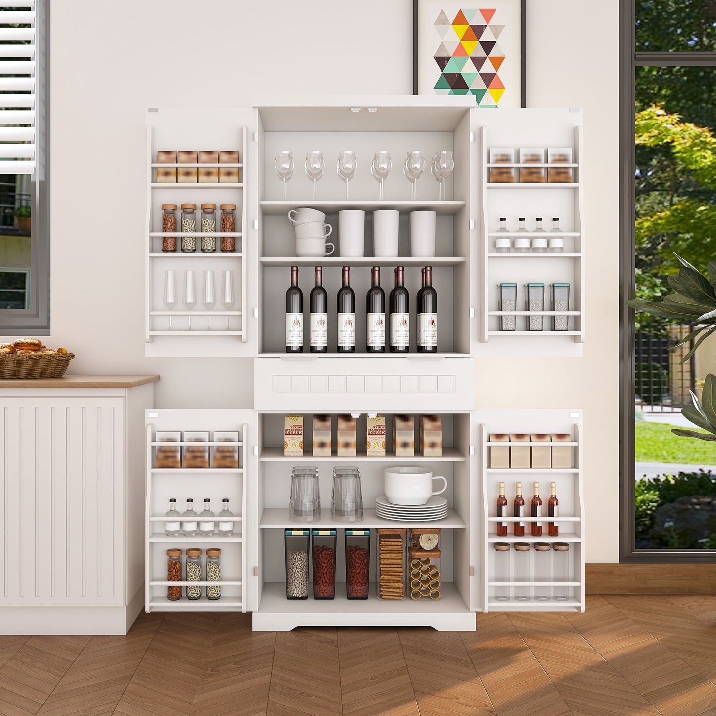 Farmhouse Style Pantry Cabinet With Drawer 2 Cabinets & 6 Door Shelves Adjustable Shelves Freestanding Cupboard - White Home Essentials
