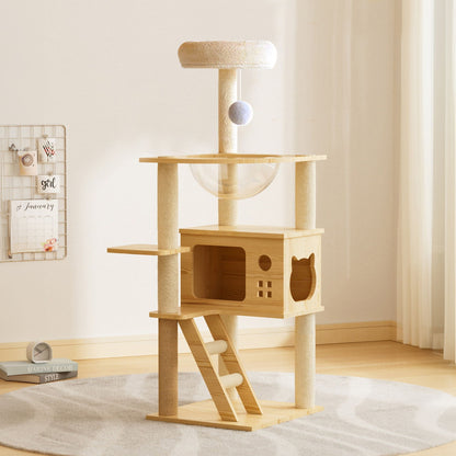 Modern Cat Tower, Wood Cat Tree Tower For Indoor Cats, Cat Tree With Sisal Covered Scratching Posts And Top Perch - Natural / White Daily Nest