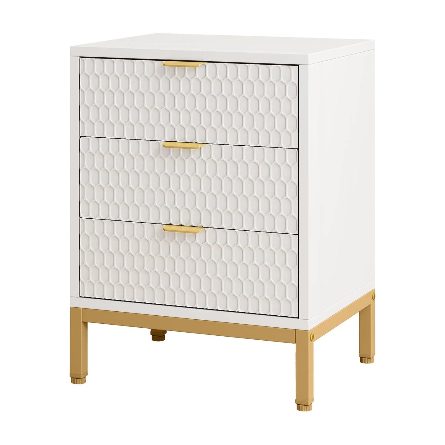 3 Drawer Nightstand With Hexagon Pattern, Storage Table For Living - White Home Essentials