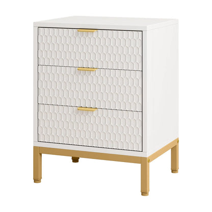 3 Drawer Nightstand With Hexagon Pattern, Storage Table For Living - White Home Essentials