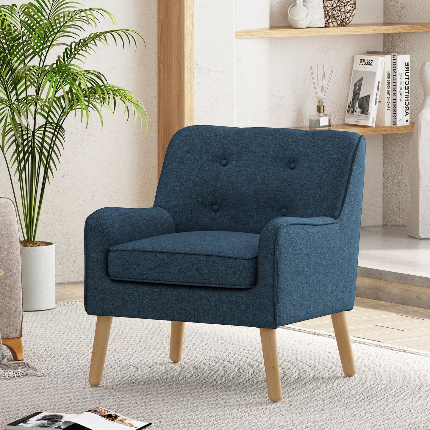 Modern Arm Chair With Tufted Back And Wooden Legs Noble House