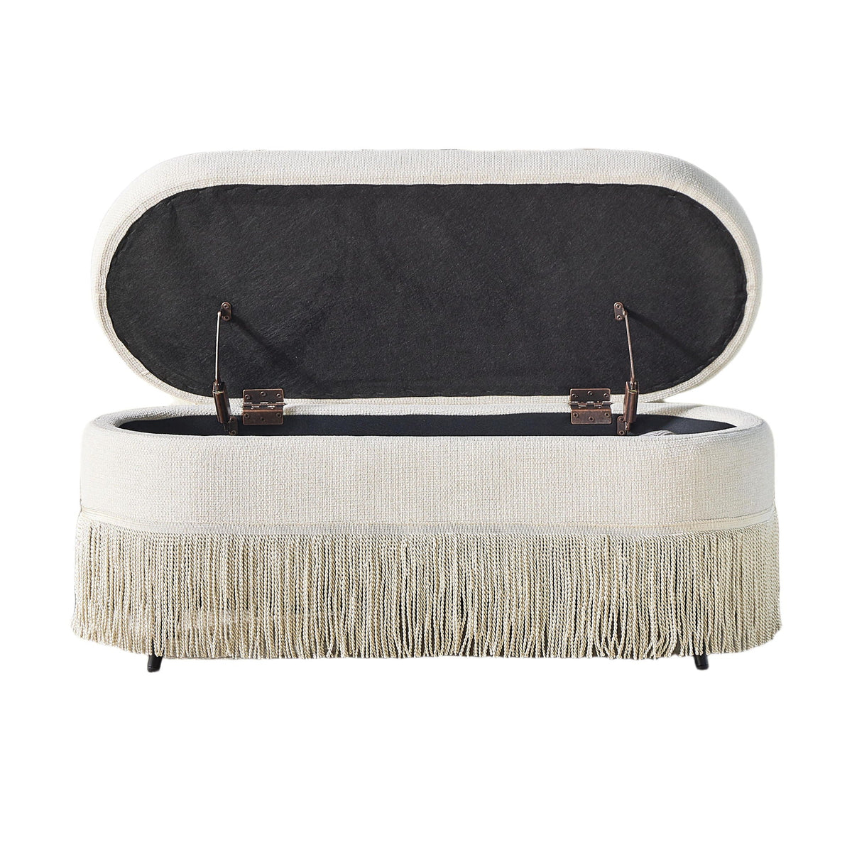 Oval Upholstered Storage Ottoman With Fringe Trim & Lift Top Lid Home Essentials