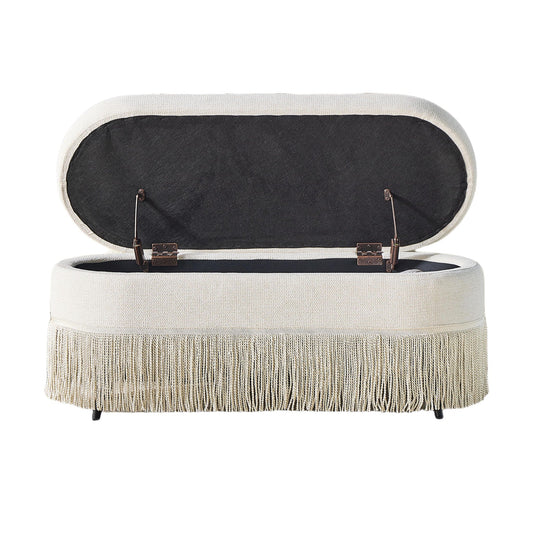 Oval Upholstered Storage Ottoman With Fringe Trim & Lift Top Lid Home Essentials