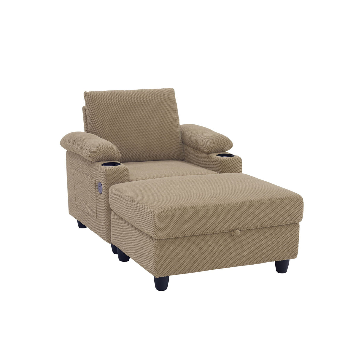 Accent Chair With Storage Ottoman, Reclining Single Chaise Lounge With Cupholders And USB, C Ports Home Essentials