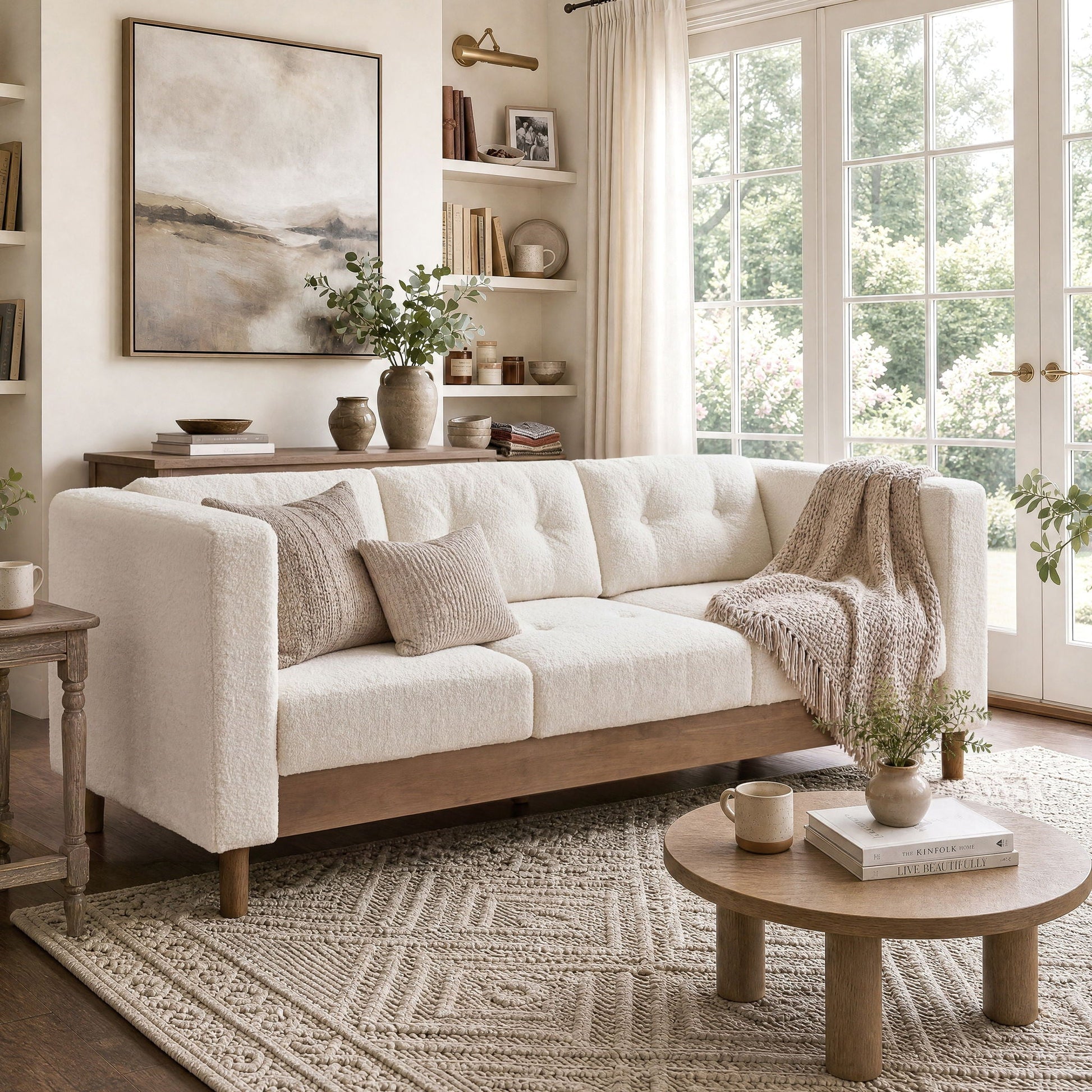 3 Seater Sofa With Square Arms, Tufted Pillow Back For Living Room Noble House