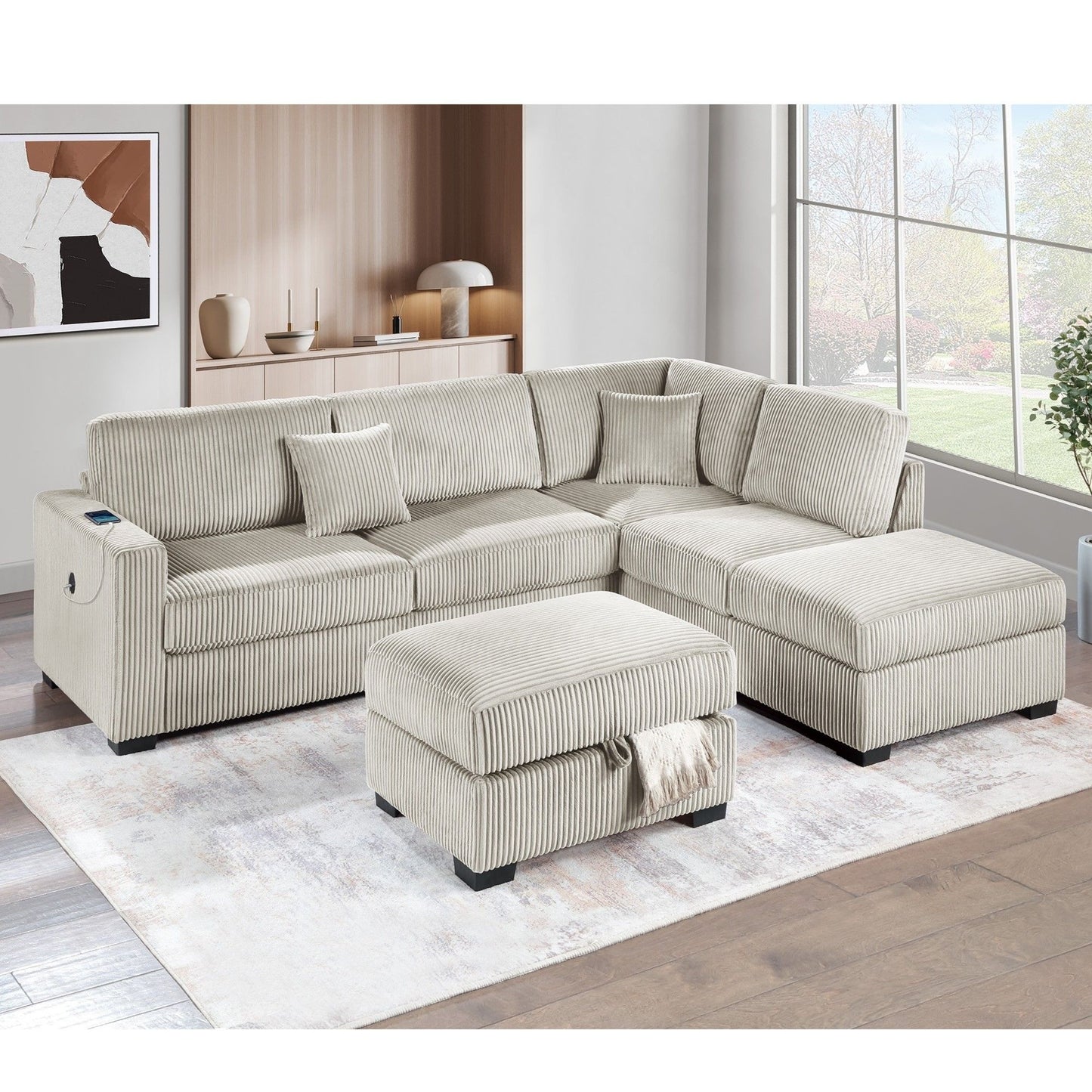 3 Piece Sectional Sofa With Reversible Chaise And USB Storage Ottoman Home Essentials