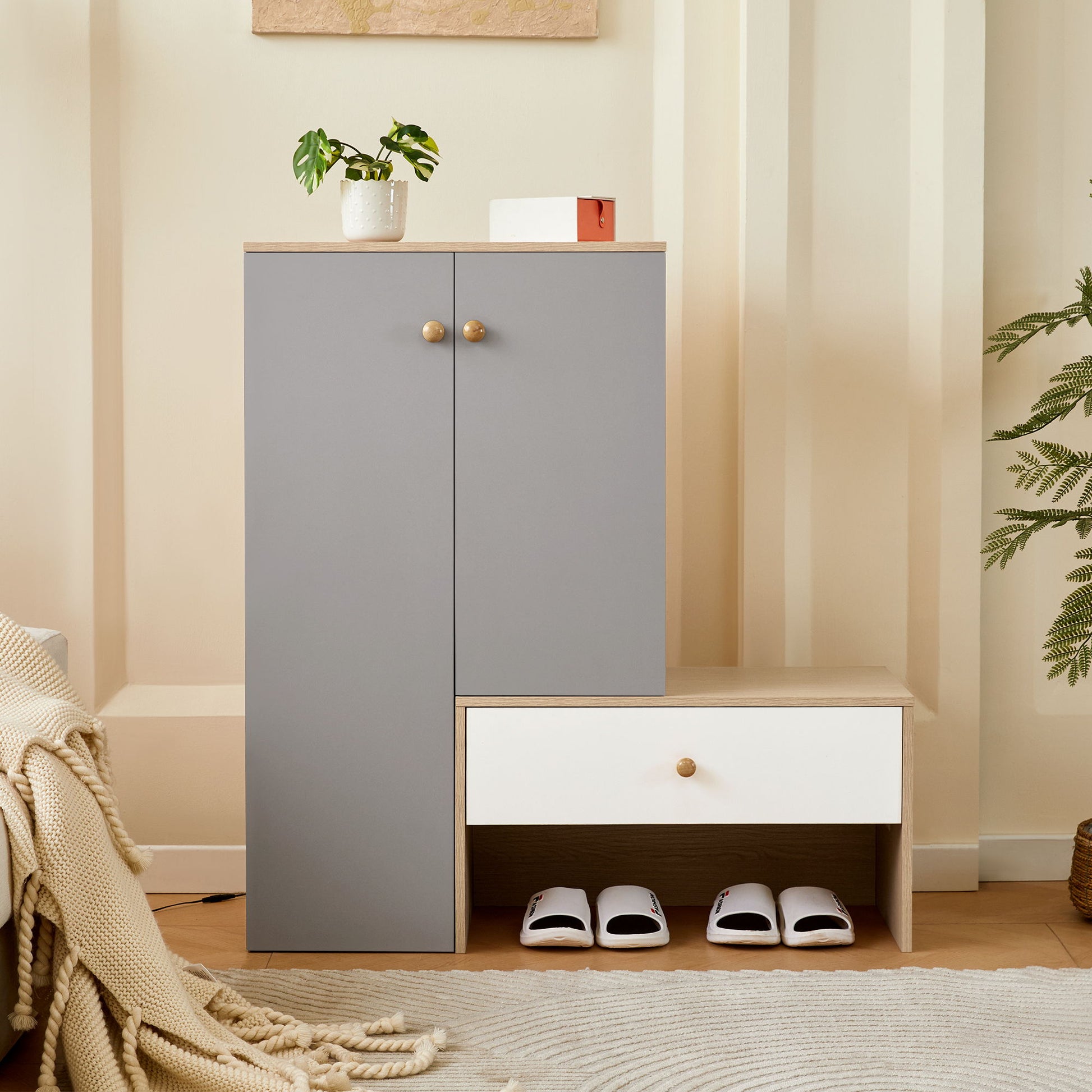 Modern Multi Functional Shoe Storage Bench & Cabinets With Adjustable Shelves - Gray / Natural Wood / White Daily Nest