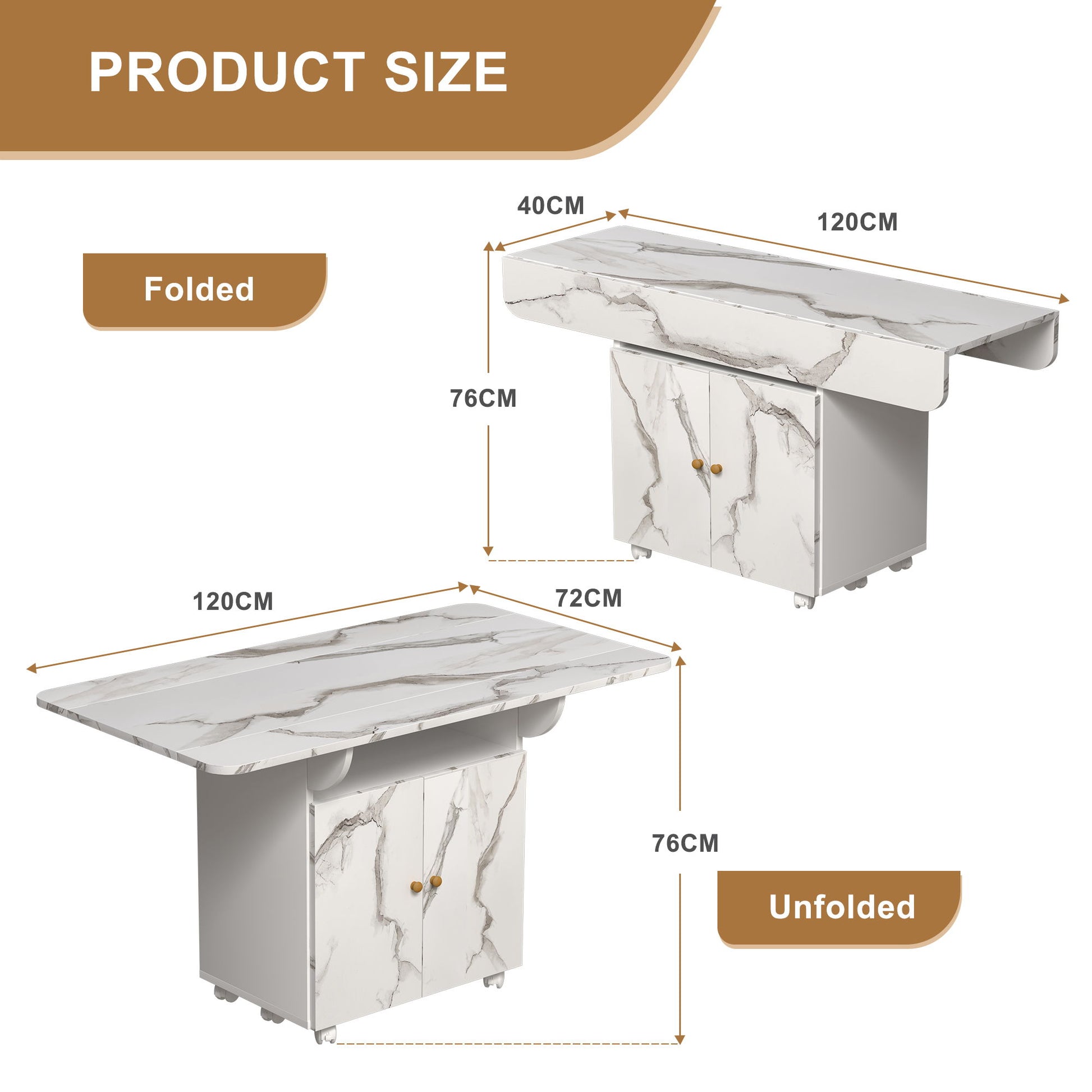 Versatile Marble Folding Dining Table With Storage Rack And Cabinet, 6 Wheels - White Home Essentials