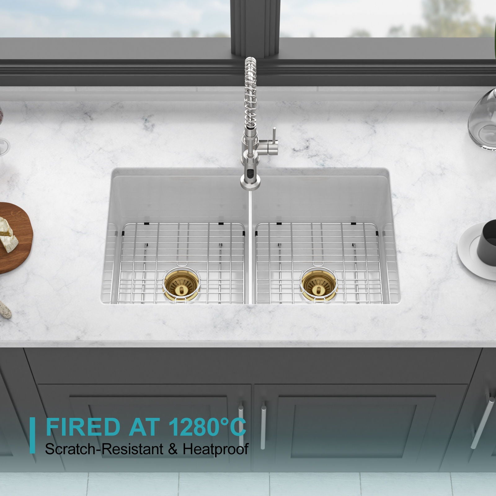 32" Undermount Double Bowl Kitchen Sink Rectangular Deep Dual Bas With Grids - White Daily Nest
