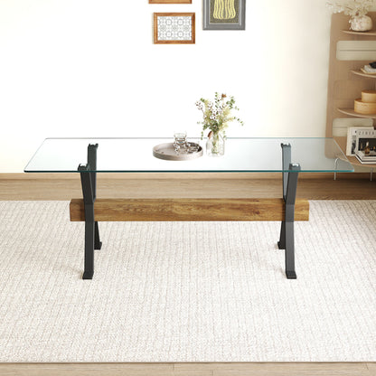 Elegant Tempered Glass Dining Table With X Shaped Metal Legs And Wood Grain Crossbeam - Black / Transparent Home Essentials