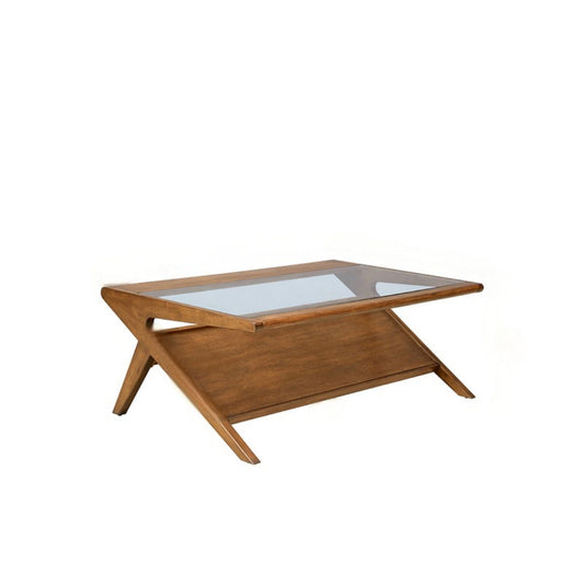 Coffee Table With Tempered Glass Top, Solid Wood Frame - Walnut JLA