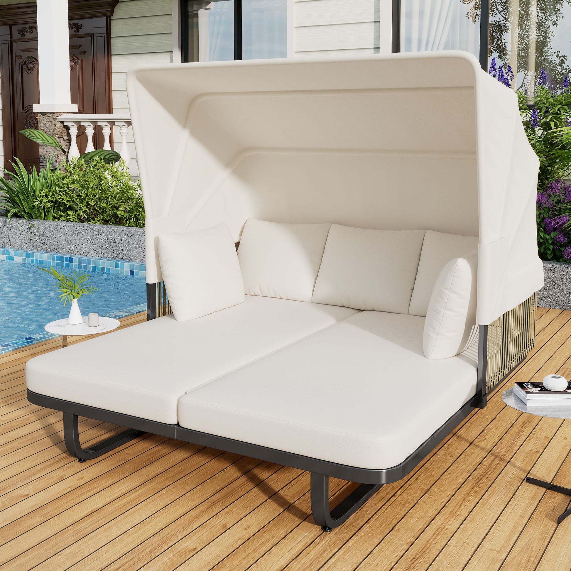 Outdoor Patio Rattan Daybed With Detachable Pillows Hearth and Haven