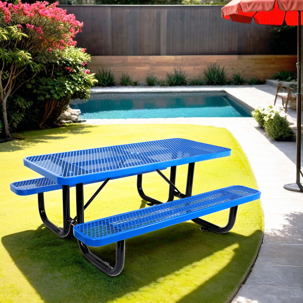 Outdoor Steel Picnic Rectangular Table With Umbrella Pole Home Essentials