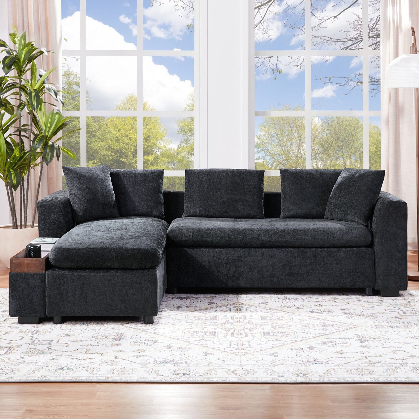 Modern L Shaped Sectional Sofa With Chenille Upholstery And Wooden Storage Hearth and Haven