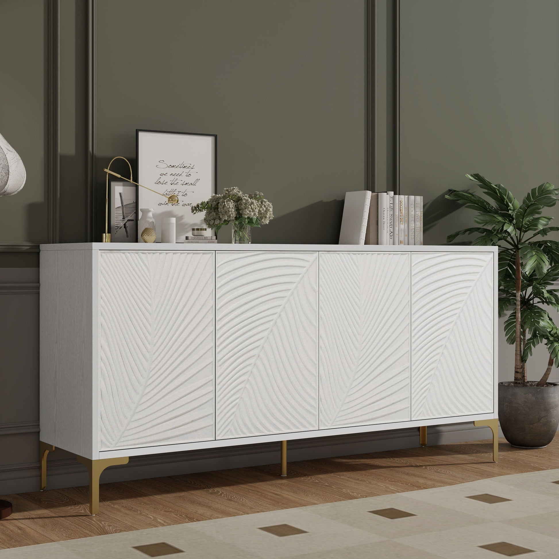Modern 4 Door Sideboard With Creative Carved Surface And Adjustable Shelves Home Essentials