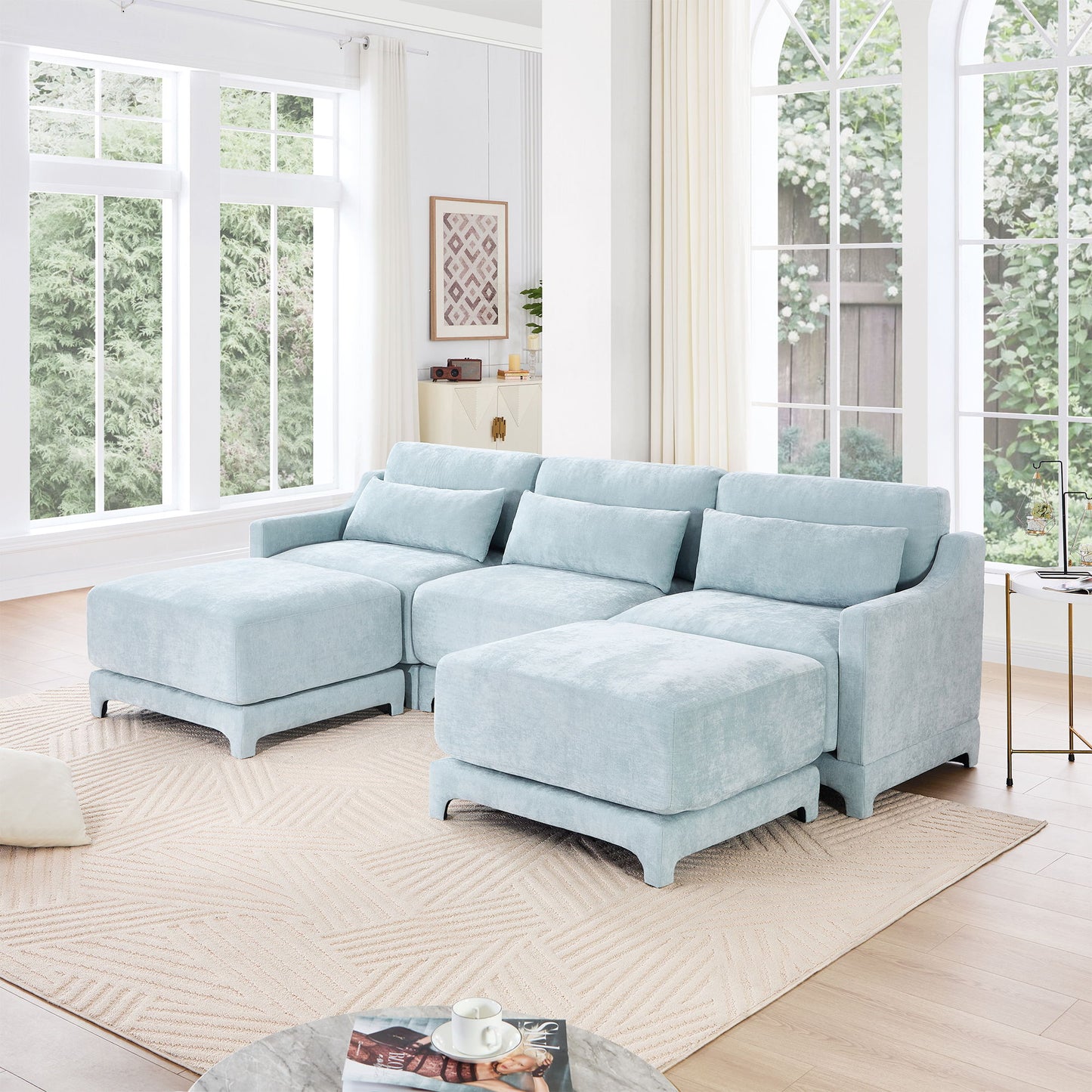 Stylish Sofa With Ottoman And Lumbar Pillows, Ergonomic Design Home Essentials