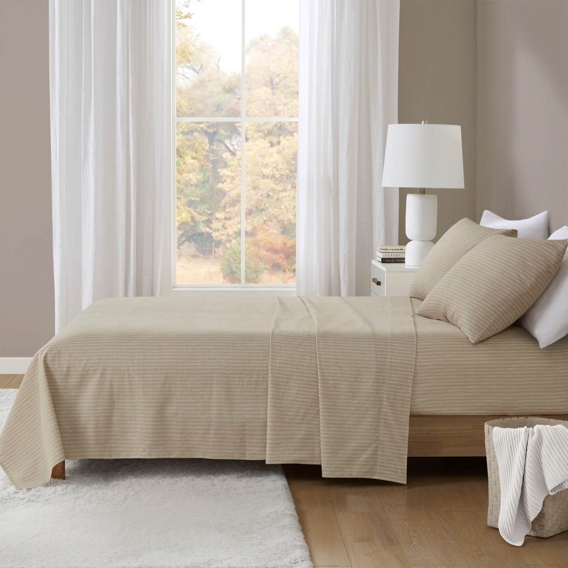 Cozy Cotton Flannel - California King Printed Sheet Set - Beige/White Stripes True North by Sleep Philosophy