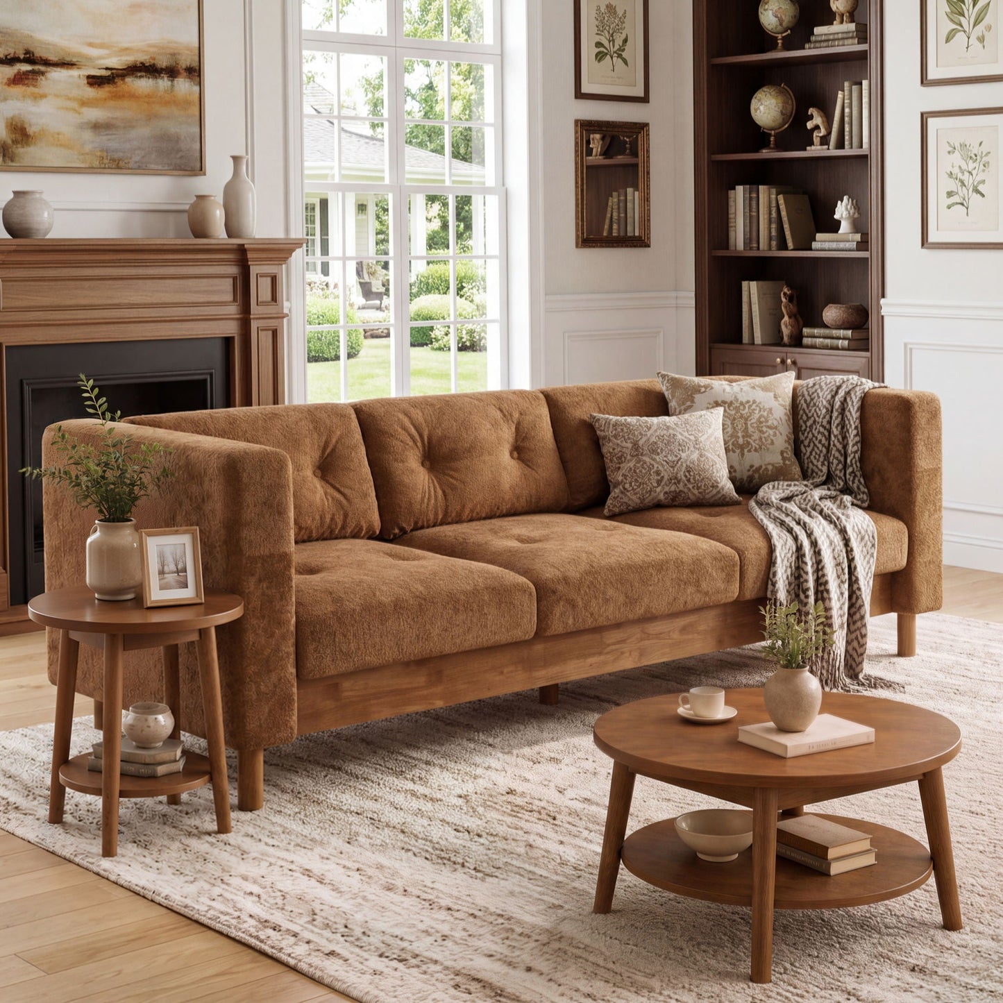 3 Seater Sofa With Square Arms, Tufted Pillow Back For Living Room Noble House
