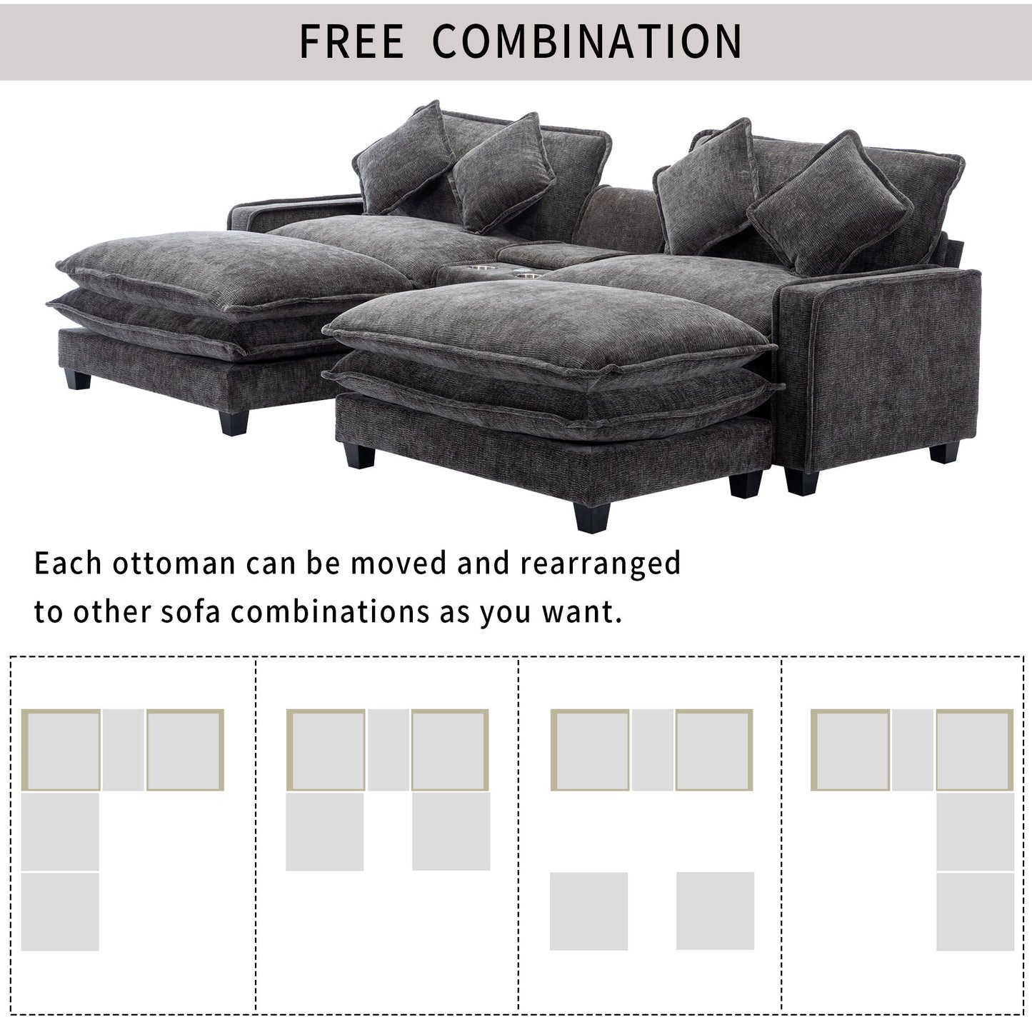 Modern Sectional Sofa With Removable Ottomans, USB Ports Hearth and Haven